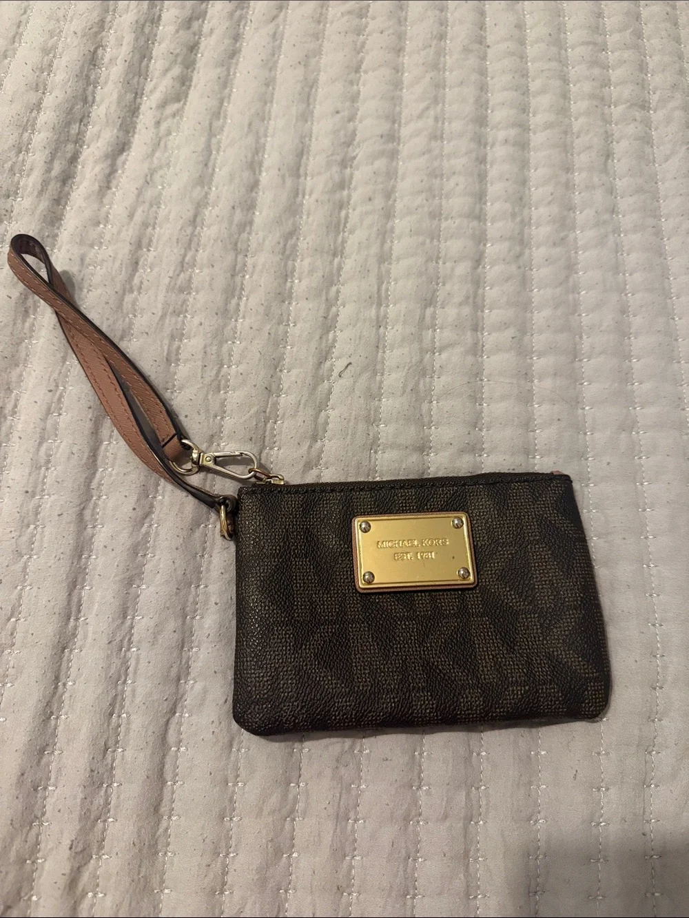 Michael Kors Dark Brown Signature MK Wristlet with Gold Plate